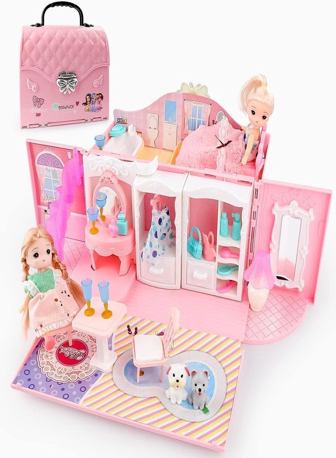 RABJET Kids Dollhouse Playset Portable Dollhouse Toy Girls Pretend Playhouse with Furniture & Figures 2 in 1 Playhouse Set Birthday Gifts for Age 3-6 Year Old Kindergarten Toddlers Preschoolers - Image 1